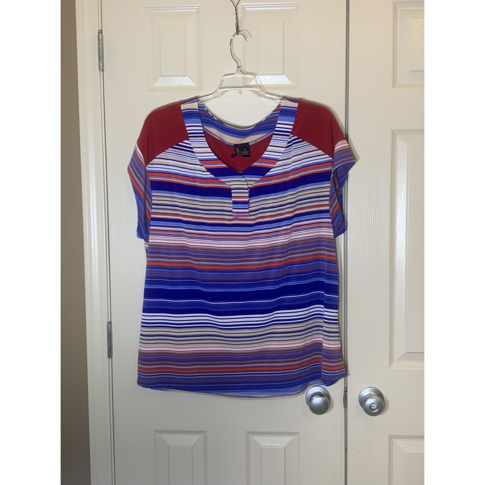 New Directions Striped V-Neck Blouse Womens 3X Blue Red Excellent Cap Sleeve Top